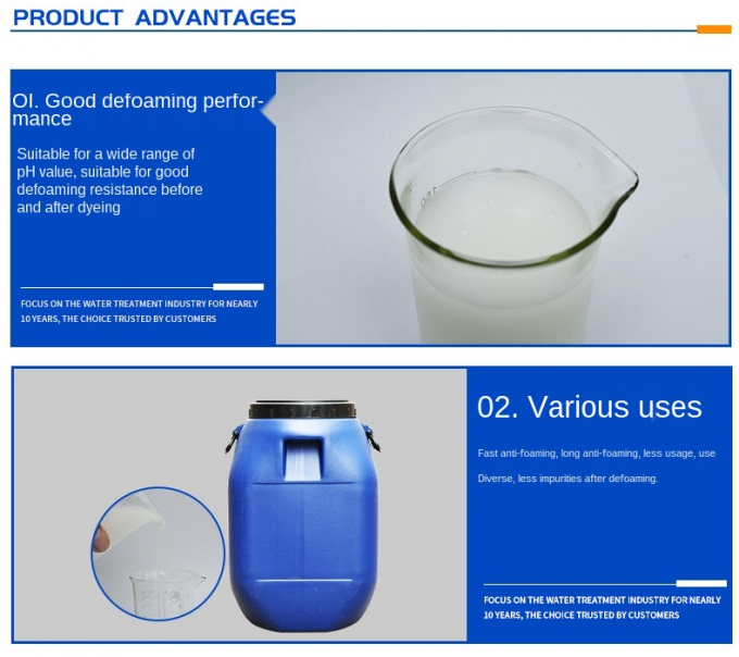 Antischiuma di tintura industriale del silicone di soppressione della schiuma di stampaggio di tessuti di trattamento delle acque del grado 3